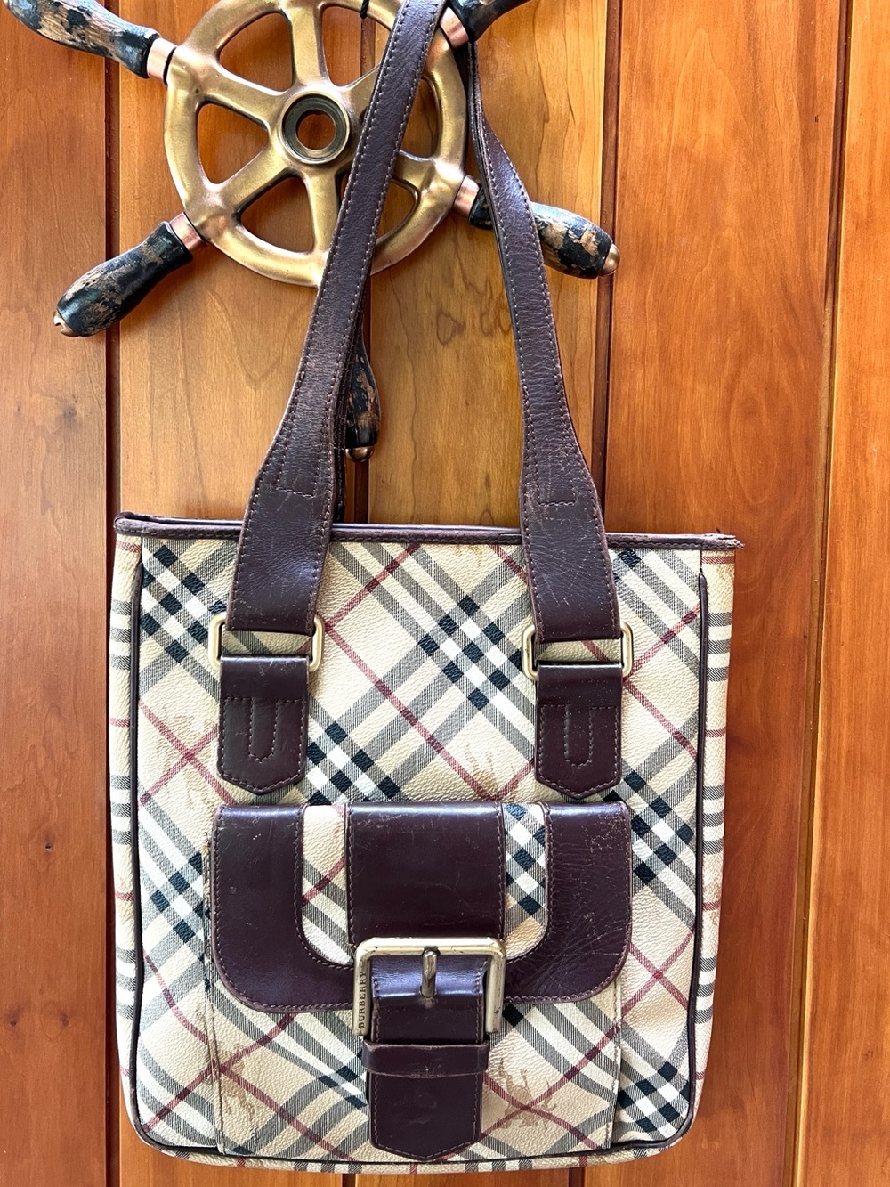 Burberry Beige Plaid with Brown Leather Shoulder Tote